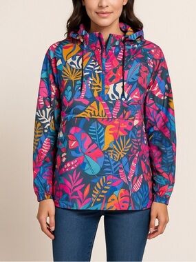 Lauren James Pink, Blue and Yellow Tropical Print Anorak Rain jacket XXL